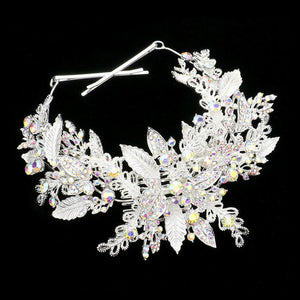 AB Silver Stone Embellished Leaf Cluster Bun Wrap Headpiece. Keep your hairstyle as glamorous as you are with this Stone headpiece! Add spectacular sparkle into your hair do. Perfect for adding just the right amount of shimmer & shine, will add a touch of class, beauty and style to your wedding, prom, special events, embellished flower leaf cluster to keep your hair sparkling all day & all night long. 