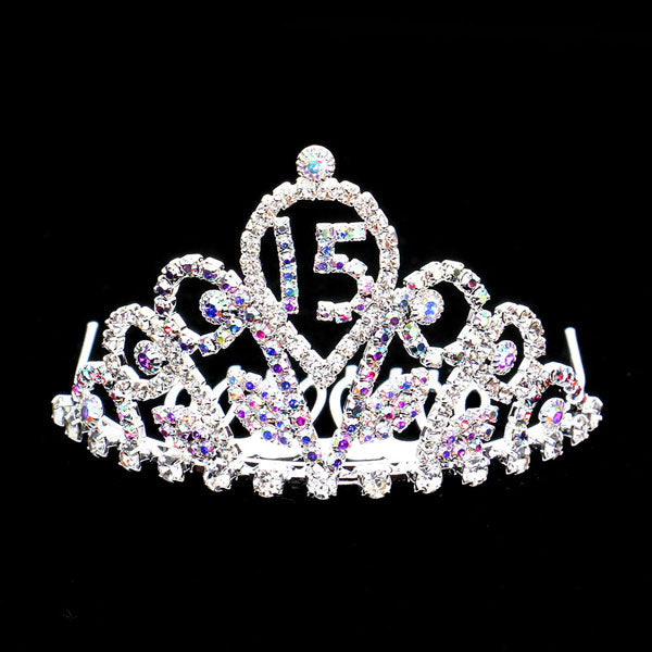 AB Silver Sweet 15 Rhinestone Princess Mini Tiara. This princess mini tiara is a classic royal tiara made from gorgeous rhinestone is the epitome of elegance, luxury and grace. Most stylish number 15 design with impeccable craftsmanship without fading. Match for any suit. Stay in Place; Side combs at each end of the tiara for securely fixation with hair. Profound Memory: Capture all her royal glory all day long as she celebrates her special day. Can be kept as a keepsake for years to come.