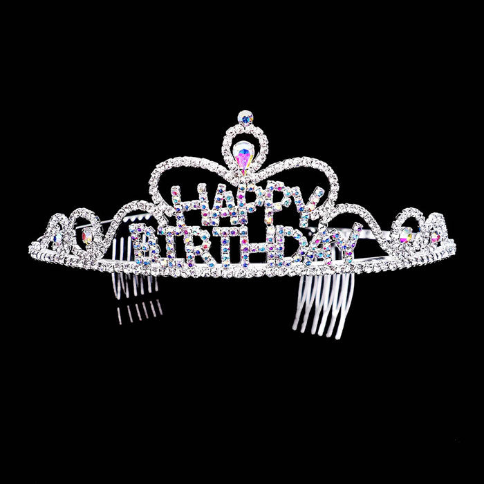 AB Silver Teardrop Crystal Rhinestone Happy Birthday Tiara. Turn any cake into a royal treat for your daughter's princess themed birthday party with this Tiara. Ideal for dolling up the guest of honor on her special day, this party tiara also makes a fun cake decoration. Add it to a gift for the birthday girl or lay it at her place setting to be donned right before she blows out the candles on her birthday cake.