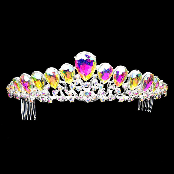 AB SIlver Teardrop Crystal Rhinestone Pave Princess Tiara. Perfect for adding just the right amount of shimmer & shine, will add a touch of class, beauty and style to your , special events, embellished glass Pageant to keep your hair sparkling all day & all night long may look like you a princess. Perfect Gift for every women. Any Occasion You Want to Be More. Charming.