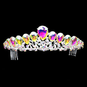 AB SIlver Teardrop Crystal Rhinestone Pave Princess Tiara. Perfect for adding just the right amount of shimmer & shine, will add a touch of class, beauty and style to your , special events, embellished glass Pageant to keep your hair sparkling all day & all night long may look like you a princess. Perfect Gift for every women. Any Occasion You Want to Be More. Charming.