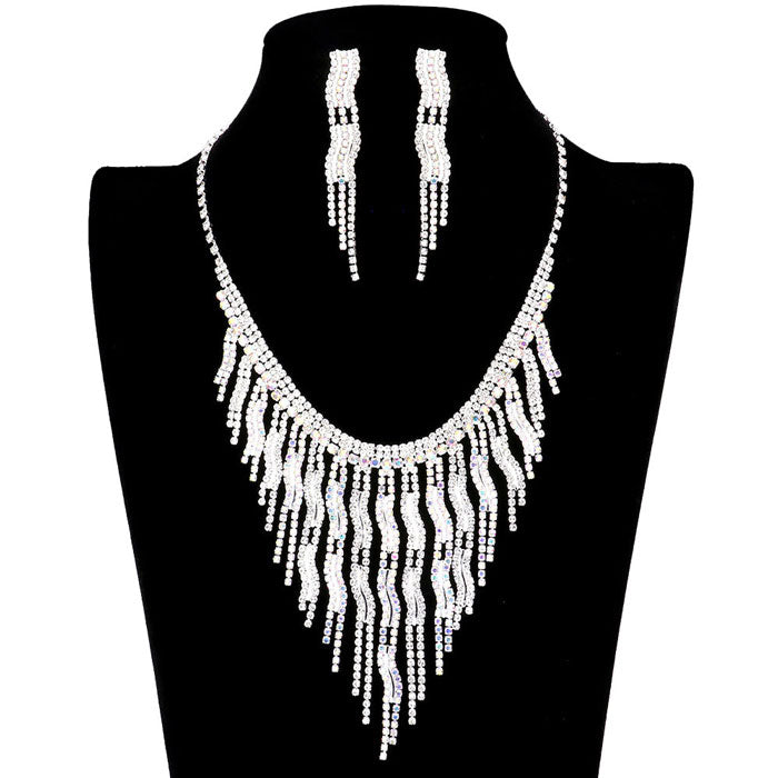 AB Silver Wavy Fringe Crystal Rhinestone Necklace, Stunning wavy crystal chain suits any style and occasion wear over your favorite tops and dresses this season!  Adds the perfect accent to your wardrobe. A timeless treasure designed to accent the neckline adds a gorgeous stylish glow to any outfit style, jewelry that fits your lifestyle! This piece is versatile and goes with practically anything! Fabulous gift, ideal for your loved one or yourself.