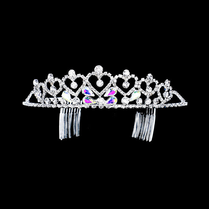 Ab Clear Silver Crystal Rhinestone Pave Heart Princess Tiara, These heart princess tiara is a classic royal tiara made from gorgeous rhinestone accented is the epitome of elegance. Exquisite design with gorgeous color and brightness, makes you more eye-catching in the crowd and also it will make you more charming and pretty without fail.