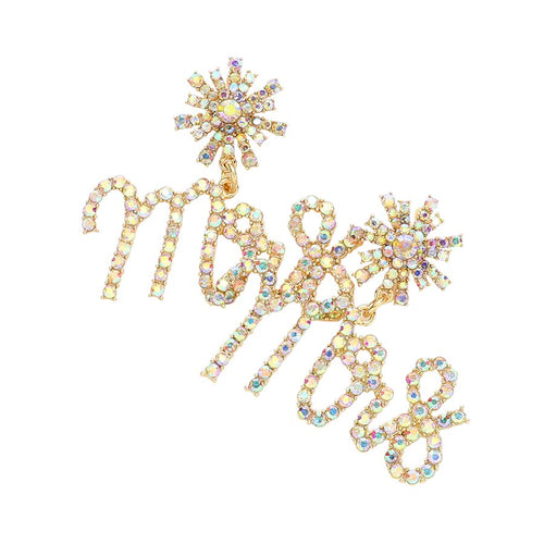 MRS Rhinestone Embellished Message Dangle Earrings - AB Gold