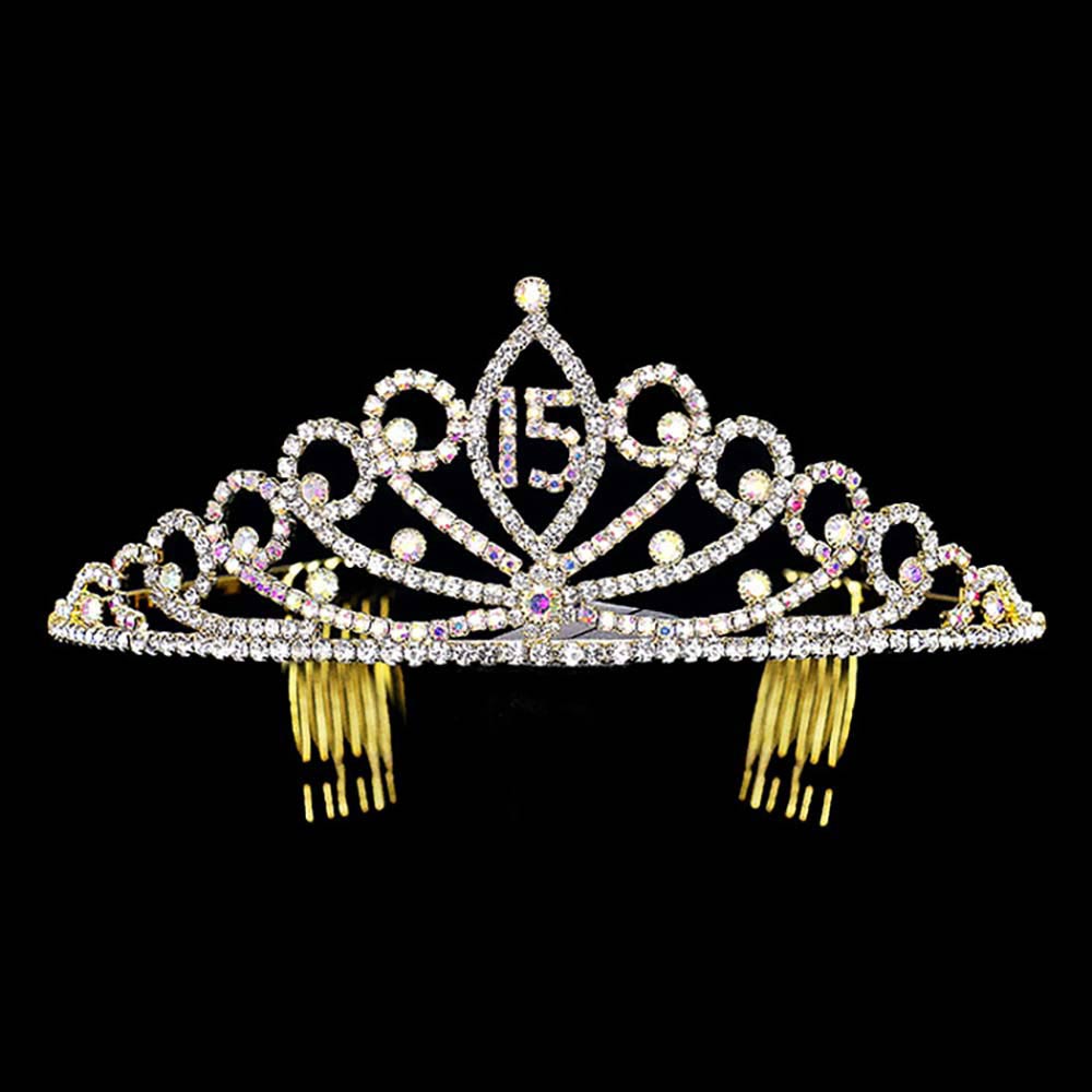 Ab Gold Sweet 15 Rhinestone Princess Tiara, this princess tiara is a classic royal tiara made from gorgeous rhinestone accented is the epitome of elegance. Exquisite design with stunning color and brightness, makes you more eye-catching in the crowd and also it will make you more charming and pretty without fail