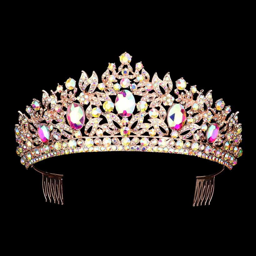 Ab Rose Gold Oval Stone Accented Leaf Cluster Princess Tiara, This cluster princess tiara is a classic royal tiara made from gorgeous oval stone accented is the epitome of elegance. Exquisite design with stunning color and brightness makes you more eye-catching in the crowd and will make you more charming and pretty without fail. 