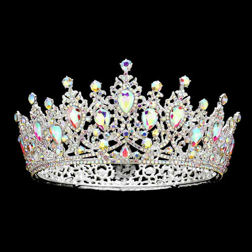 Teardrop Stone Accented Crown Tiara - AB Silver