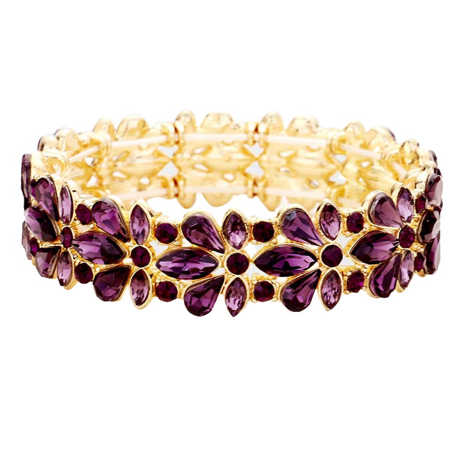 Amethyst Floral Crystal Stretch Evening Bracelet, This Flower detailed Crystal  stunning stretch bracelet is sure to get you noticed, adds a gorgeous glow to any outfit. perfect for a night out on the town or a black tie party, ideal for Special Occasion or an Evening out. Awesome gift for birthday or any special occasion.