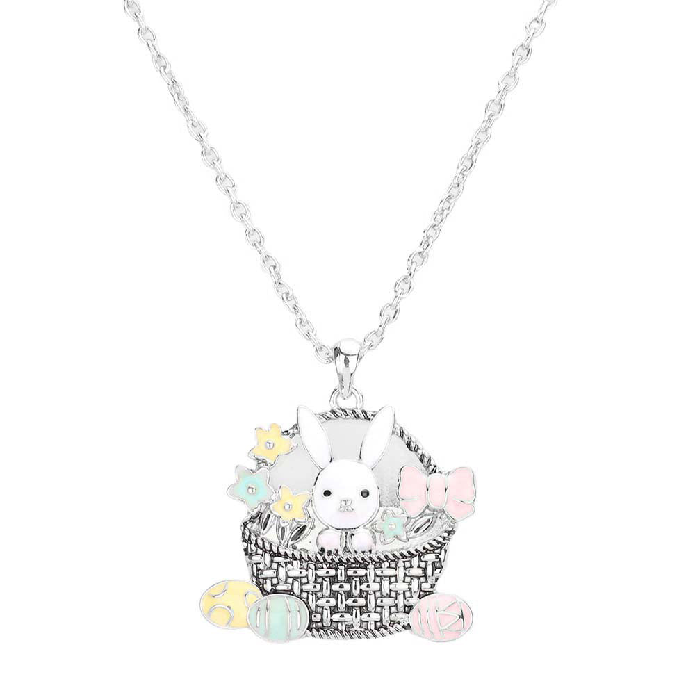 Antique Silver Enamel Easter Bunny Egg Basket Pendant Necklace, Perfect for the festive season to enhance your beauty with festive attire. Embrace the Easter spirit with these cute food/fruits-themed pendant necklaces. These adorable gift necklaces are bound to cause a smile or two. Surprise your loved ones on this Easter Sunday occasion. Great gift idea for your Wife, Mom, or your Loving One.