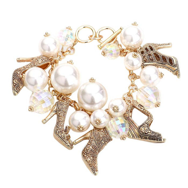 Antique Gold Metal Stiletto Heel Charm Station Pearl Cluster Toggle Bracelet, get ready to make a glowing beauty and receive compliments with this Charm Station Bracelet. Put on a pop of color to complete your ensemble. The unique design of metal stiletto heel adds a gorgeous glow to any outfit. Perfect for adding just the right amount of shimmer & shine and a touch of class to special events. Perfect gift for a Birthday, Anniversary, Mother's Day, Thanksgiving Day and also daily wear.