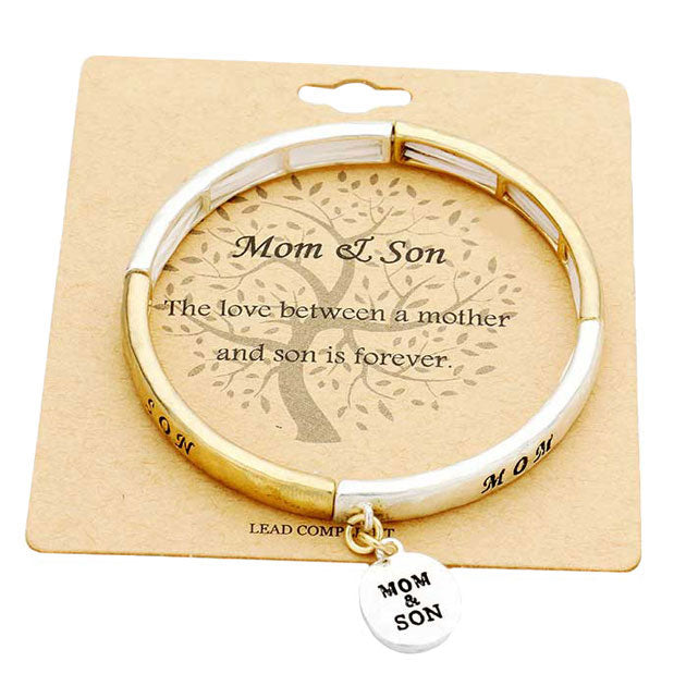 Antique Gold Mom & Son Metal Disc Charm Stretch Bracelet, Make your mom feel special with this gorgeous Bracelet gift! Her heart will swell with joy! Jewelry that fits her lifestyle. Perfect Birthday Gift, Anniversary Gift, Mother's Day Gift, Mom Gift, Thank you Gift, Just Because Gift, Daily Wear.