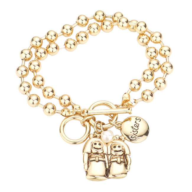 Antique Gold Sister Pearl Charm Toggle Bracelet, Get ready with these Toggle Bracelet, put on a pop of color to complete your ensemble. Perfect for adding just the right amount of shimmer & shine and a touch of class to special events. Perfect Birthday Gift, Anniversary Gift, Mother's Day Gift, Graduation Gift.