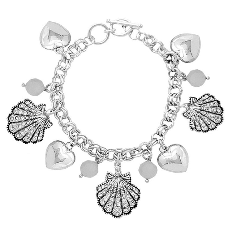 Antique Silver Rhinestone Shell Metal Heart Charm Station Toggle Bracelet.  This sea-themed bracelet features a parade of marine creatures for a fun, beachy vibe, bracelet goes perfect with a t-shirt, summer dress or work clothes.  With a polished finish and lifelike details. A timeless and traditional Holiday, Anniversary gift, Birthday gift, Valentine's Day gift for a woman or girl of any age.