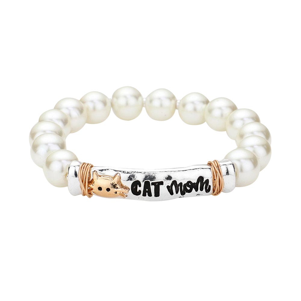 Antique Silver Cat Mom Message Pearl Stretch Bracelet, Express your love to your loving Mom with this Animal, Message, Mother, Pearl theme bracelets. Mom charm bracelets Collection shows her how much you care every day or on special occasions like her birthday, Anniversary Gift, Valentine’s Day, Mother’s Day or Christmas!