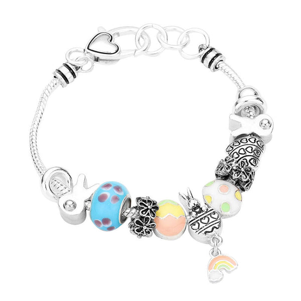 Antique Silver Metal Easter Bunny Enamel Rainbow Multi Bead Charm Bracelet, beautifully crafted metal Bead charm bracelet that will complement your Easter Sunday ensemble. Bracelet goes perfect with a t-shirt, summer dress or work clothes. Surprise your loved ones with a great present idea for Wife, Mom, or your Loving One.