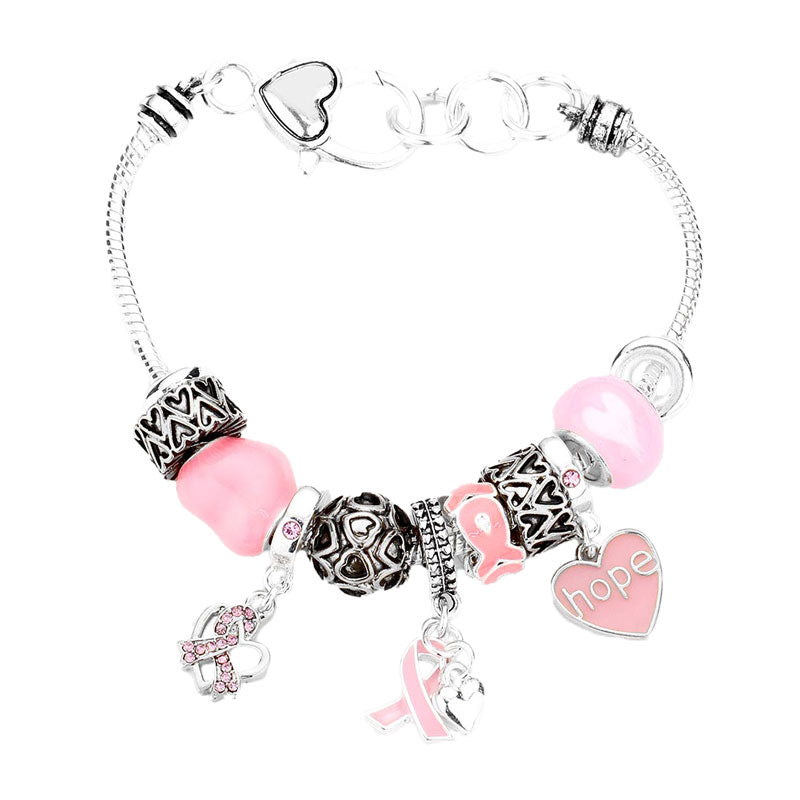 Antique Silver Pink Ribbon Heart Hope Message Multi Bead Charm Bracelet. Beautifully crafted design adds a gorgeous glow to any outfit. Jewelry that fits your lifestyle! Perfect Birthday Gift, Anniversary Gift, Mother's Day Gift, Anniversary Gift, Graduation Gift, Prom Jewelry, Just Because Gift, Thank you Gift.