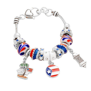 Antique Silver Puerto Rico Flag Charm Multi-Bead Bracelet, add this delightful Puerto Rico Flag bracelet with a bright centrepiece to light up any outfit with timeless elegance & feel absolutely flawless. Fabulous fashion and sleek style adds a pop of pretty color to your attire, coordinate with any ensemble from business casual to everyday wear.