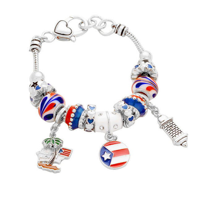 Antique Silver Puerto Rico Flag Charm Multi-Bead Bracelet, add this delightful Puerto Rico Flag bracelet with a bright centrepiece to light up any outfit with timeless elegance & feel absolutely flawless. Fabulous fashion and sleek style adds a pop of pretty color to your attire, coordinate with any ensemble from business casual to everyday wear.
