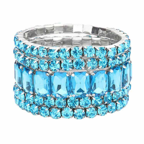 5 pulseras elásticas multicapa con piedras redondas y rectangulares - Agua