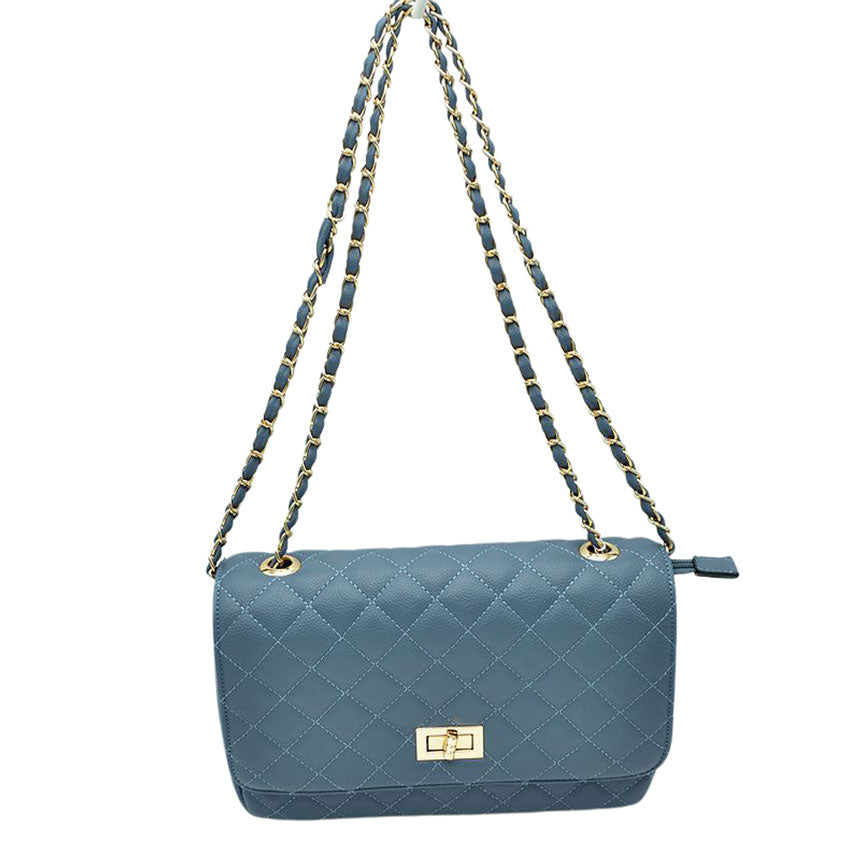 Aqua Blue Trendy Quilted Vegan Leather Messenger Crossbody Bag, A classic quilted bag never goes out of style, This cross-body bag is a stylish day-to-night accessory. It's a simple but eye-catching accessory to enrich your look with any outfit. The outer is adorned with quilting and stamped with branded hardware and you'll find a roomy compartment inside complete with a zipped pocket. Use it for a look that will get you noticed style with your glam outfit