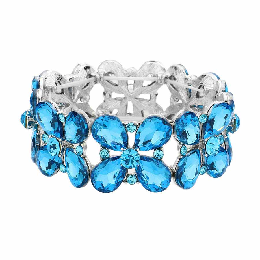 Aqua Floral Teardrop Glass Crystal Stretch Evening Bracelet, this Crystal Stretch Bracelet sparkles all around with it's surrounding round stones, stylish stretch bracelet that is easy to put on, take off and comfortable to wear. It looks so pretty, brightly, and elegant on any special occasion. Jewelry offers a wide variety of exquisite jewelry for your Party, Prom, Pageant, Wedding, Sweet Sixteen, and other Special Occasions! Stay gorgeous wearing this stunning floral design stretch bracelet.