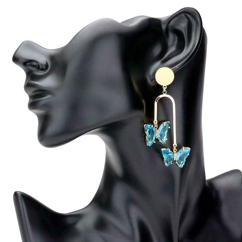 Aqua Geometric Metal Double Lucite Butterfly Dangle Earrings, will take your look up a notch, versatile enough for wearing straight through the week, perfectly lightweight for all-day wear, coordinate with any ensemble from business casual to everyday wear, the perfect addition to every outfit. Adds a touch of nature-inspired butterfly themed  beauty to your look.Gift someone or yourself these ultra-chic earrings,