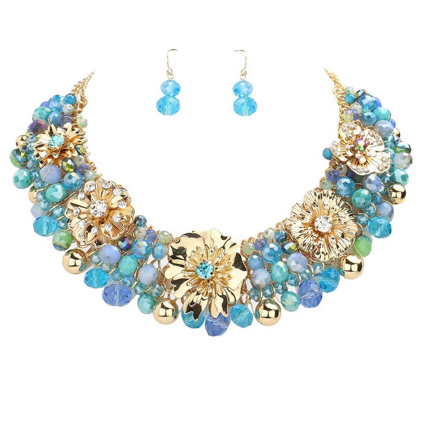 Aqua Metal Flower Accented Beaded Collar Necklace, will bring a lovely put-on pop of color to your look. The beautifully crafted design adds a gorgeous glow to any outfit. These gorgeous beaded collar Metal pieces will show your class on any special occasion. The elegance of this Beaded necklace goes unmatched, great for wearing at a party! Perfect jewelry to enhance your look.