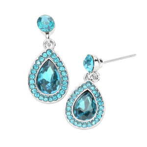 Aqua Rhinestone Trim Teardrop Stone Dangle Evening Earrings, This teardrop dangle earrings put on a pop of color to complete your ensemble. Beautifully crafted design adds a gorgeous glow to any outfit. Luminous Teardrop Stone and sparkling rhinestones give these stunning earrings an elegant look. Perfect for adding just the right amount of shimmer & shine. Perfect for Birthday Gift, Anniversary Gift, Mother's Day Gift, Graduation Gift.