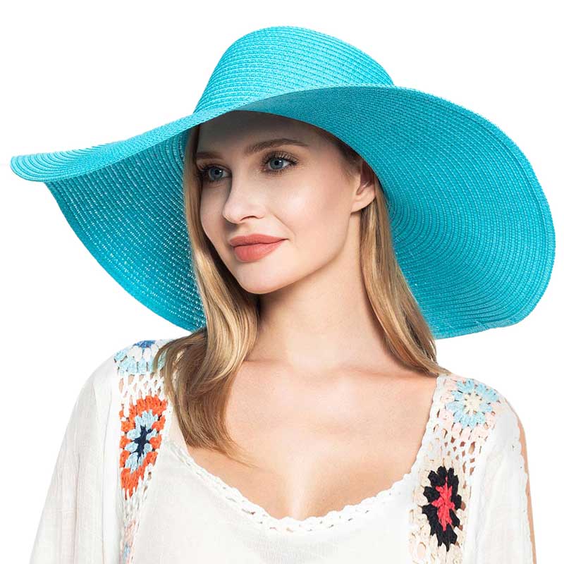 Light Blue Solid Straw Sun Hat, This handy Portable Packable Roll Up Wide Brim Sun Visor UV Protection Floppy Crushable Straw Sun hat that block the sun off your face and neck. A great hat can keep you cool and comfortable. Large, comfortable, and ideal for travelers who are spending time in the outdoors.