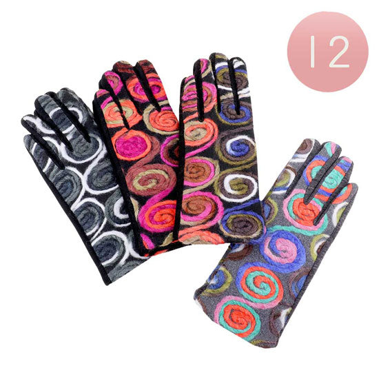 Assorted 12Pairs Swirl Embroidery Fur Lining Touch Gloves, are a smart, eye-catching, and attractive addition to your outfit. These trendy gloves keep you absolutely warm and toasty in the winter and cold weather outside. Accessorize the fun way with these gloves. These Tech-friendly warm gloves will allow you to use your electronic device and they can go with touchscreens, while keeping your fingers covered, swipe away! It's the autumnal touch you need to finish your outfit in style.