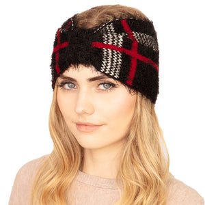 Black Plaid Check Patterned Earmuff Headband. Ear warmer will shield your ears from cold winter weather ensuring all day comfort. Ear band is soft, comfortable and warm adding a touch of sleek style to your look, show off your trendsetting style when you wear this ear warmer and be protected in the cold winter winds.