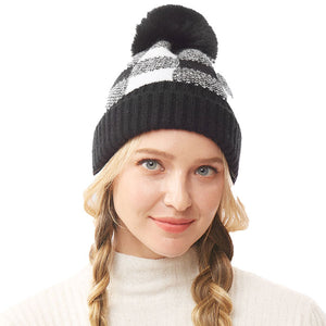 Black Buffalo Check Knit Pom Pom Beanie Hat. Before running out the door into the cool air, you’ll want to reach for these toasty beanie to keep your hands incredibly warm. Accessorize the fun way with these beanie , it's the autumnal touch you need to finish your outfit in style. Awesome winter gift accessory!