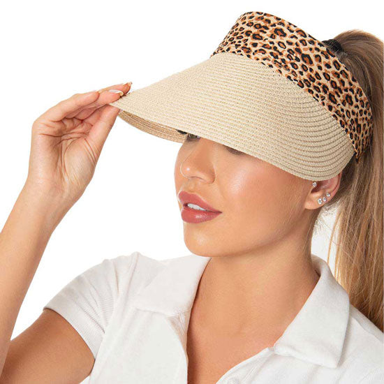 Beige Leopard Pattern Accented Straw Visor Hat, whether you’re basking under the summer sun at the beach, lounging by the pool, or kicking back with friends at the lake, a great hat can keep you cool and comfortable even when the sun is high in the sky.  Large, comfortable, and perfect for keeping the sun off of your face, neck, and shoulders, ideal for travellers who are on vacation or just spending some time in the great outdoors.