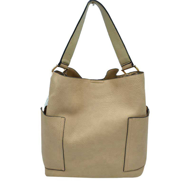Beige 2in1 Chic Satchel Side Pocket With Long Strap Bucket Bag, This casual crossbody bucket bag is super soft Vegan leather and has convenient side pockets to carry water bottles, phones, or glasses and a removable zipper pouch. Gold hardware. Extra bag inside and strap to make it a crossbody. Perfect for carrying around your stuff, this bag is big enough for all your daily essentials.