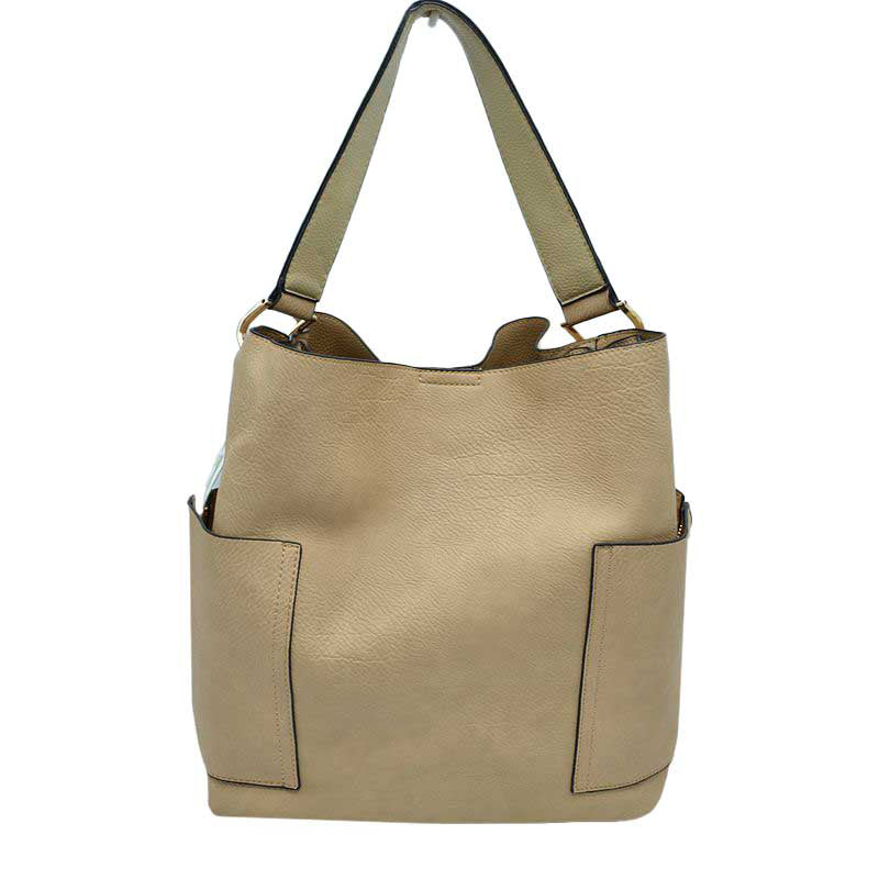 Beige 2in1 Chic Satchel Side Pocket With Long Strap Bucket Bag, This casual crossbody bucket bag is super soft Vegan leather and has convenient side pockets to carry water bottles, phones, or glasses and a removable zipper pouch. Gold hardware. Extra bag inside and strap to make it a crossbody. Perfect for carrying around your stuff, this bag is big enough for all your daily essentials. 