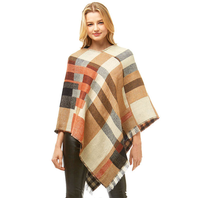 Beige Acrylic Fall Winter Outwear Multi Colored Plaid Poncho, the perfect accessory, luxurious, trendy, super soft chic capelet, keeps you warm and toasty. You can throw it on over so many pieces elevating any casual outfit! Perfect Gift for Wife, Mom, Birthday, Holiday, Christmas, Anniversary, Fun Night Out
