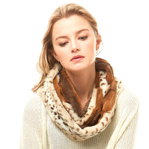 Beige Animal Pattern Faux Fur Infinity Scarf, on trend & fabulous, a luxe addition to any cold-weather ensemble. Great for daily wear in the cold winter to protect you against chill, classic infinity-style scarf & amps up the glamour with plush material that feels amazing snuggled up against your cheeks.