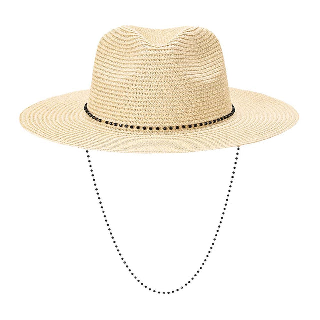 Beige Beaded Chin Tie Straw Sun Hat, keep your styles on even when you are relaxing at the pool or playing at the beach. Large, comfortable, and perfect for keeping the sun off of your face, neck, and shoulders. Perfect summer, beach accessory. Ideal for travelers who are on vacation or just spending some time in the great outdoors. A great sun hat can keep you cool and comfortable even when the sun is high in the sky.