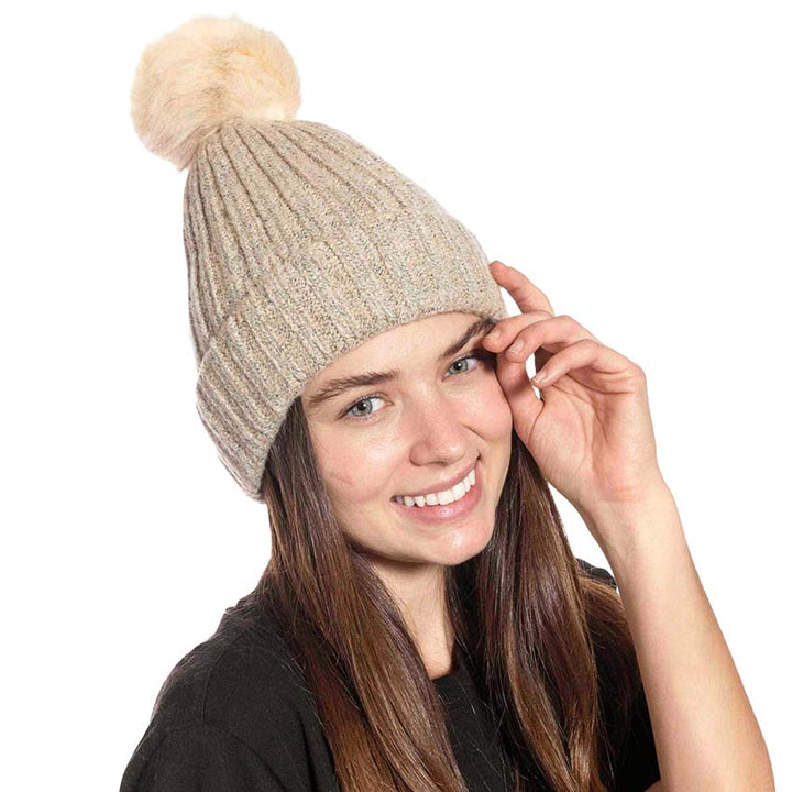 Beige Beautiful Cable Knit Pom Pom Beanie Hat, Before running out the door into the cool air, you’ll want to reach for this toasty beanie to keep you incredibly warm. Whenever you wear this beanie hat, you'll look like the ultimate fashionista. Accessorize the fun way with this faux fur pom pom hat, it's the autumnal touch you need to finish your outfit in style. Awesome winter gift accessory! Perfect Gift Birthday, Christmas, Stocking Stuffer, Secret Santa, Holiday, Anniversary, Valentine's Day, etc.