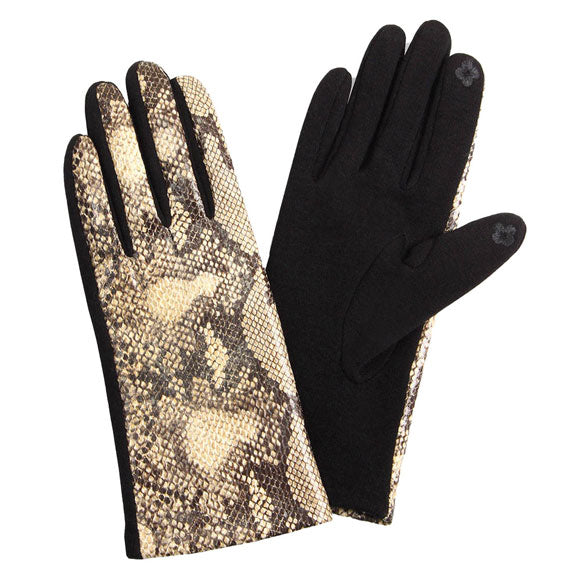Beige Black Smart Touch Python Print Smart Gloves, Before running out the door into the cool air, you’ll want to reach for these toasty gloves to keep your hands incredibly warm. Accessorize the fun way with these  gloves, it's the autumnal touch you need to finish your outfit in style. Awesome winter gift accessory!