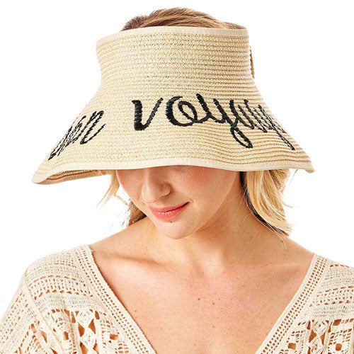 Beige Bon Voyage Message Roll Up Foldable Visor Sun Hat. Before running out the door into the cool air, you’ll want to reach for these Summer Panama Hat to keep you incredibly relax, a great hat can keep you cool and comfortable even when the sun is high in the sky. Perfect for keeping the sun off of your face, neck, and shoulders.