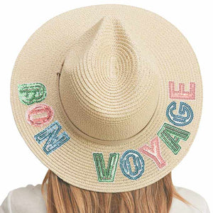Beige Bon Voyage Sequin Message Straw Panama Sun Hat, a beautiful & comfortable Straw Panama Sun Hat is suitable for summer wear to amp up your beauty & make you more comfortable everywhere. Perfect for keeping the sun off your face and neck. It's an excellent gift item for your friends & family or loved ones this summer.