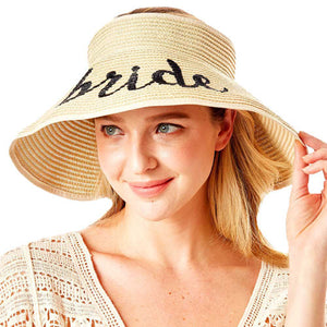 Beige Bride Message Roll Up Foldable Visor Sun Hat, This visor hat with Bride Message is Open top design offers great ventilation and heat dissipation. Features a roll-up function; incredibly convenient as it is foldable for easy storage or for taking on the go while traveling. This Summer sun  hat is perfect for walking along the beach,hanging by the pool, or any other outdoor activities.