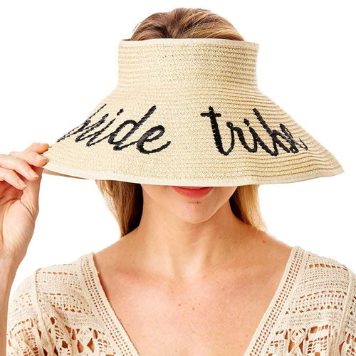 Beige Bride Tribe Message Roll Up Foldable Visor Sun Hat, This visor hat with Bride Tribe Message is Open top design offers great ventilation and heat dissipation. Features a roll-up function; incredibly convenient as it is foldable for easy storage or for taking on the go while traveling. This Summer sun  hat is perfect for walking along the beach, hanging by the pool, or any other outdoor activities. 