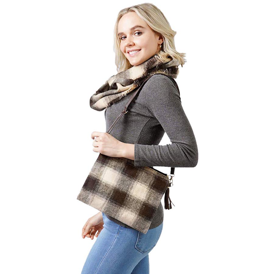 Beige Buffalo Check Crossbody Clutch Bag, looks like the ultimate fashionista while carrying this buffalo check print bag! It will be your new favorite accessory to hold onto all your items. Easy to carry especially when you need hands-free and lightweight to run errands or a night out on the town. Fits your phone, wallet, keys, etc. Have a hassle-free life! 