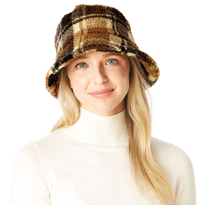 Beige Check Patterned Faux Fur Bucket Hat, this Faux Fur check patterned bucket hat is nicely designed and a great addition to your attire. Have fun and look stylish anywhere outdoors. Great for covering up when you are having a bad hair day. Perfect for protecting you from the wind, snow, beach, pool, camping, or any outdoor activities in cold weather. Amps up your outlook with confidence with this trendy bucket hat. It's the autumnal touch you need to finish your outfit in style.