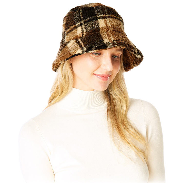 Beige Check Patterned Faux Fur Bucket Hat, this Faux Fur check patterned bucket hat is nicely designed and a great addition to your attire. Have fun and look stylish anywhere outdoors. Great for covering up when you are having a bad hair day. Perfect for protecting you from the wind, snow, beach, pool, camping, or any outdoor activities in cold weather. Amps up your outlook with confidence with this trendy bucket hat. It's the autumnal touch you need to finish your outfit in style.