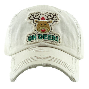 Beige Christmas Cotton OH DEER! Rudolph Vintage Baseball Cap. Fun cool Christmas themed vintage cap. Perfect for walks in sun, great for a bad hair day. The distressed frayed style with faded color gives it an awesome vintage look. Soft textured, embroidered message with fun statement will become your favorite cap.