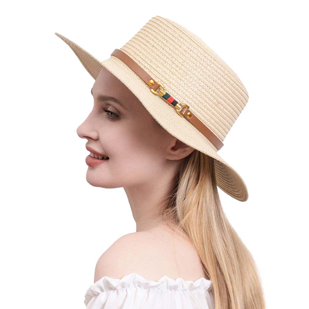 Beige Color Block Pointed Faux Leather Band Straw Sun Hat, this straw sun hat is lightweight, breathable, and skin-friendly for all-day wear and has an interior band for comfort. Perfect for lounging at the beach, clubbing, race day events, or simply casual everyday wear. A great gift for your fashionable on-trend friends.