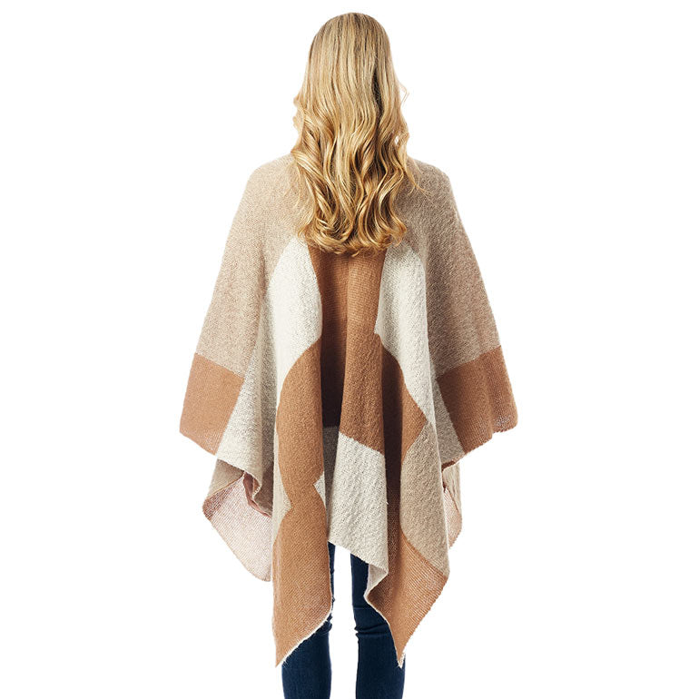 Beige Color Block Ruana, a Fashionable and stylish design is great for year round to wear on any occasion from casual to formal. Throw it on as a warm, soft layer over your career and casual outfits. Cozy and soft wrap shawl in open-front poncho style that boasts a reversible design for twice the style. Perfect for casual outings, parties, and office. Great gift idea for friends and family. Soft and comfortable Acrylic material for long-lasting warmth on cold days. Perfect winter gift for your loved ones.